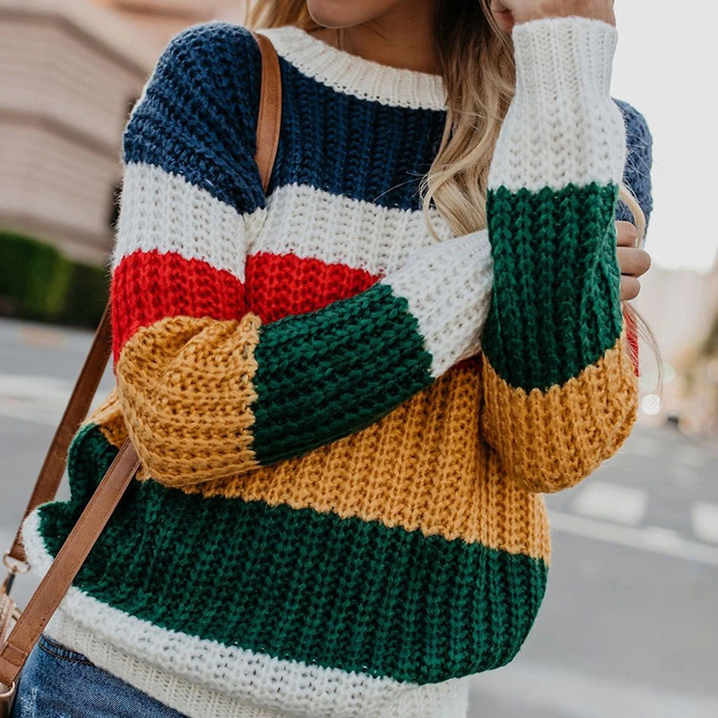 Fashion Patchwork Striped Women's Pullovers 2019 Autumn Winter New Rainbow Knitted Sweaters Casual O-neck Sweaters
Fashion Patchwork Striped Women's Pullovers 2019 Autumn Winter New Rainbow Knitted Sweaters Casual O-neck Sweaters