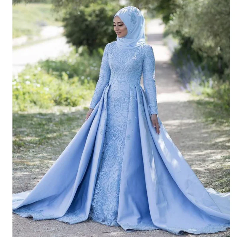 Modest Light Sky Blue Mermaid Muslim Wedding Dresses with Detachable Train Lace Beading Abric Dubai Bridal Gown wedding gown
Modest Light Sky Blue Mermaid Muslim Wedding Dresses with Detachable Train Lace Beading Abric Dubai Bridal Gown wedding gown