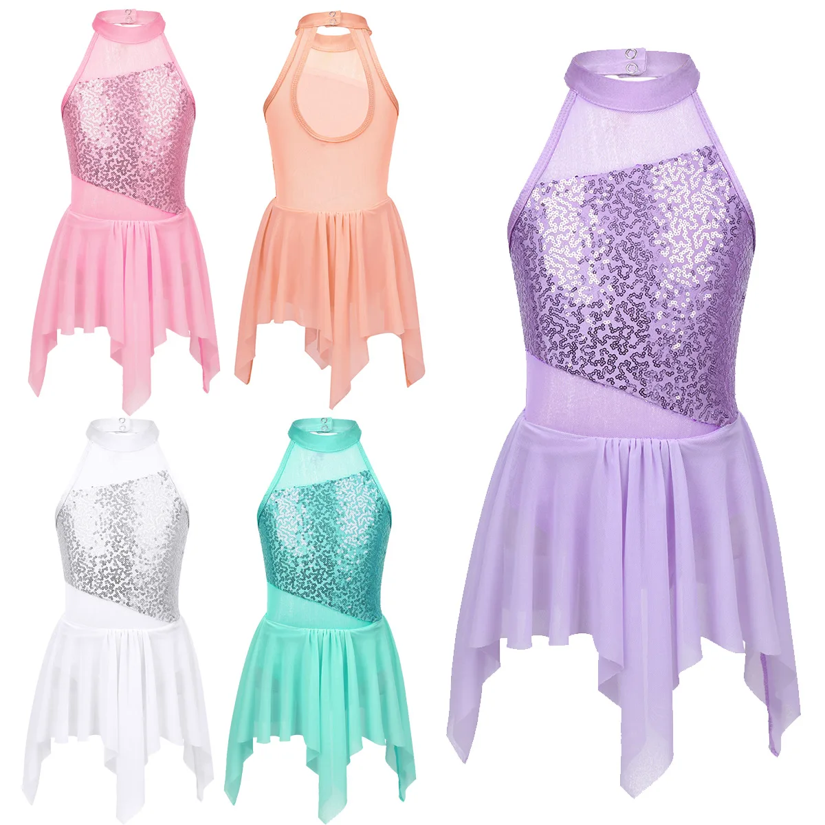 TiaoBug Kids Teens Sequins Stage Lyrical Dance Costumes Children Girls Mesh Splice Dress Skating Gymnastics Ballet Leotard |