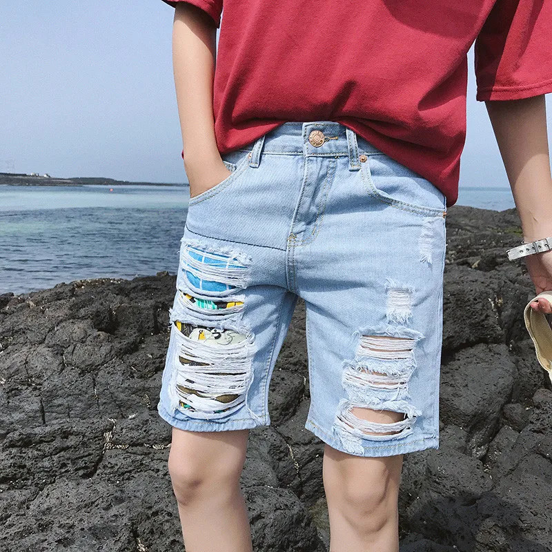Летние рваные джинсы шорты для мужчин короткие с рисунком буквенным принтом