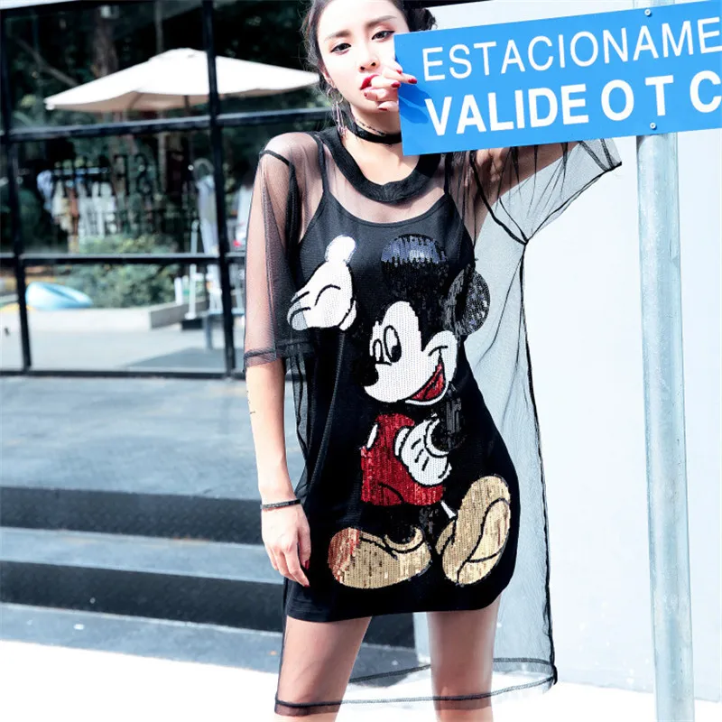 Mickey Women Mesh Tshirts Dresses Two-Piece Set Short Sleeve Sequin Casual Black Slim Summer Vestidos Streetwear Robes Femme
Mickey Women Mesh Tshirts Dresses Two-Piece Set Short Sleeve Sequin Casual Black Slim Summer Vestidos Streetwear Robes Femme