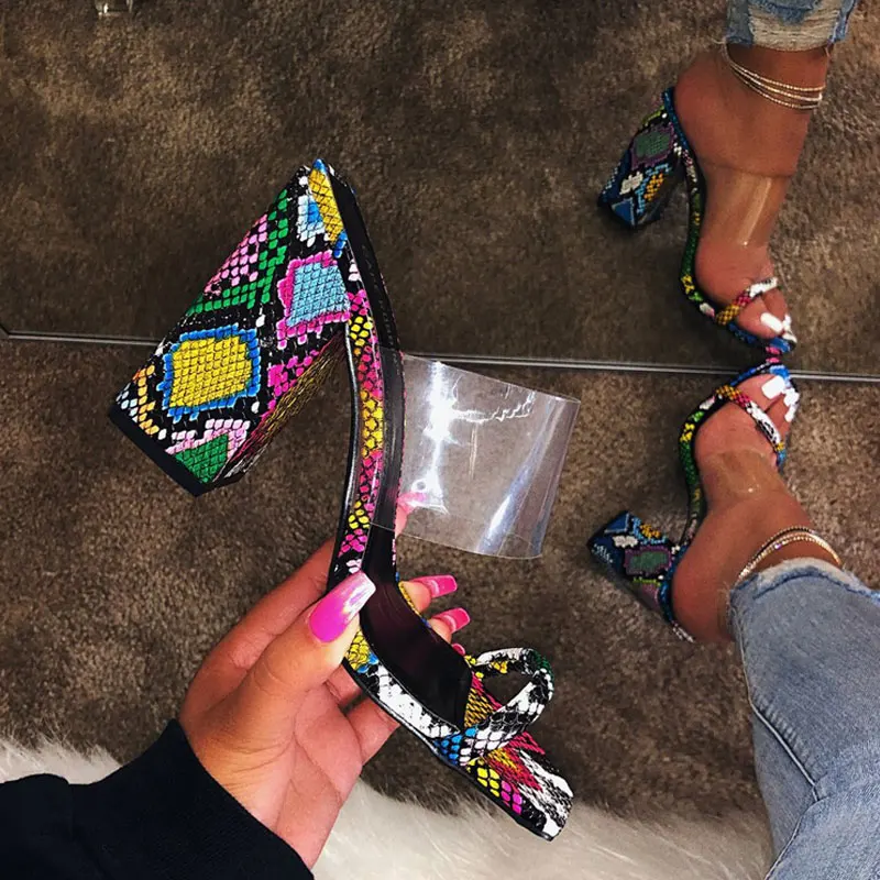 New PVC Transparent Slippers Open Toe Square High Heel Women's Shoes Female Slides Ladies Vacation Flip Flops Plus Size 37-42 | Обувь