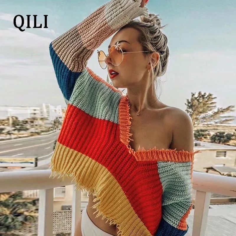 QILI New Multicolor Stripes Sweater Women Low Chest Deep V-neck Irregular Front And Rear Wear Lash Pullovers Sweater Top
QILI New Multicolor Stripes Sweater Women Low Chest Deep V-neck Irregular Front And Rear Wear Lash Pullovers Sweater Top