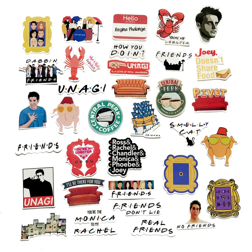 34 Pcs/lot Norepeat Cartoon TV Show Friends Skateboard Snowboard Luggage Car Bike Waterproof DIY PVC Stickers for Kids Toys | Игрушки и