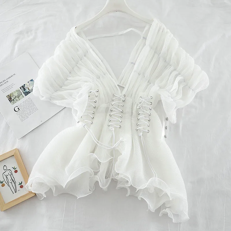 Women Summer V-neck Sexy Bandage Strap Irregular Ruffles Basic Shirt Elegant Elastic Pullover Slim Mesh Gauze Tulle Blouse Tops
Women Summer V-neck Sexy Bandage Strap Irregular Ruffles Basic Shirt Elegant Elastic Pullover Slim Mesh Gauze Tulle Blouse Tops