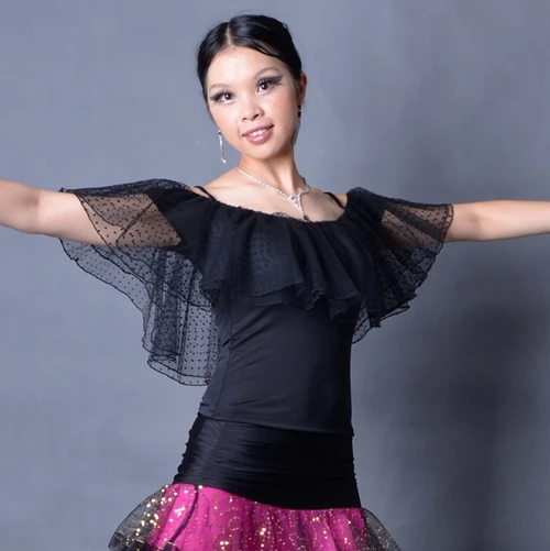 ballroom dance modern dance two layers dots gauze lotus leaf big round collar top T13015
ballroom dance modern dance two layers dots gauze lotus leaf big round collar top T13015