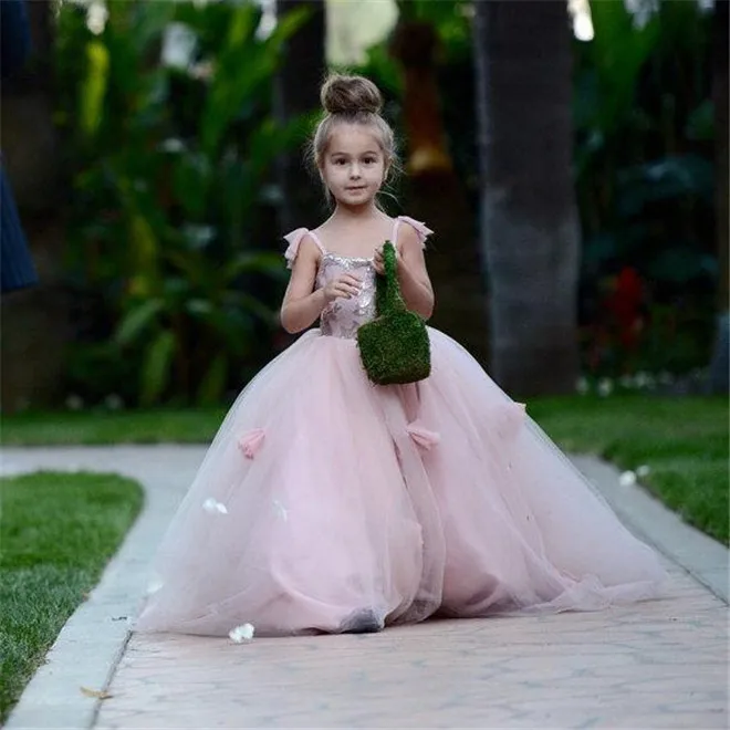 Blush Pink Flower Girls Dresses Appliques Spaghetti Straps Ball Gown Ruffles Tulle Pageant for Long Girl | Свадьбы и торжества