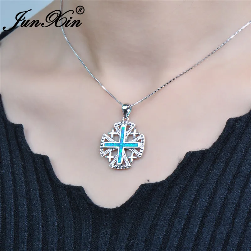 JUNXIN White/Blue Fire Opal Necklaces For Women Vintage Cross Pendant Necklace Fashion Silver Color Jewelry
JUNXIN White/Blue Fire Opal Necklaces For Women Vintage Cross Pendant Necklace Fashion Silver Color Jewelry