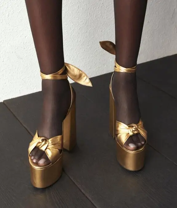 

Moraima Snc Sexy Peep Toe Bowknot Thick Heels Sandal Lace up Platform High Heel Shoes Woman Summer Gold Leather Dress Heels