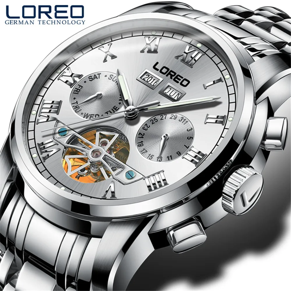 

Perpetual Calendar Tourbillon Mechanical mens watches top brand luxury Stainless steel Waterproof LOREO men's watch Luminous