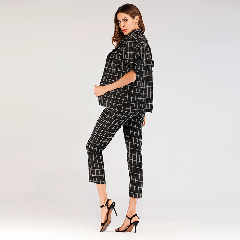 Black Stretchy Grid Print Shawl Collar Plaid Long Sleeve Blazer Pants Set Women Autumn Workwear Morden Lady 2 Piece Set Suit
Black Stretchy Grid Print Shawl Collar Plaid Long Sleeve Blazer Pants Set Women Autumn Workwear Morden Lady 2 Piece Set Suit
