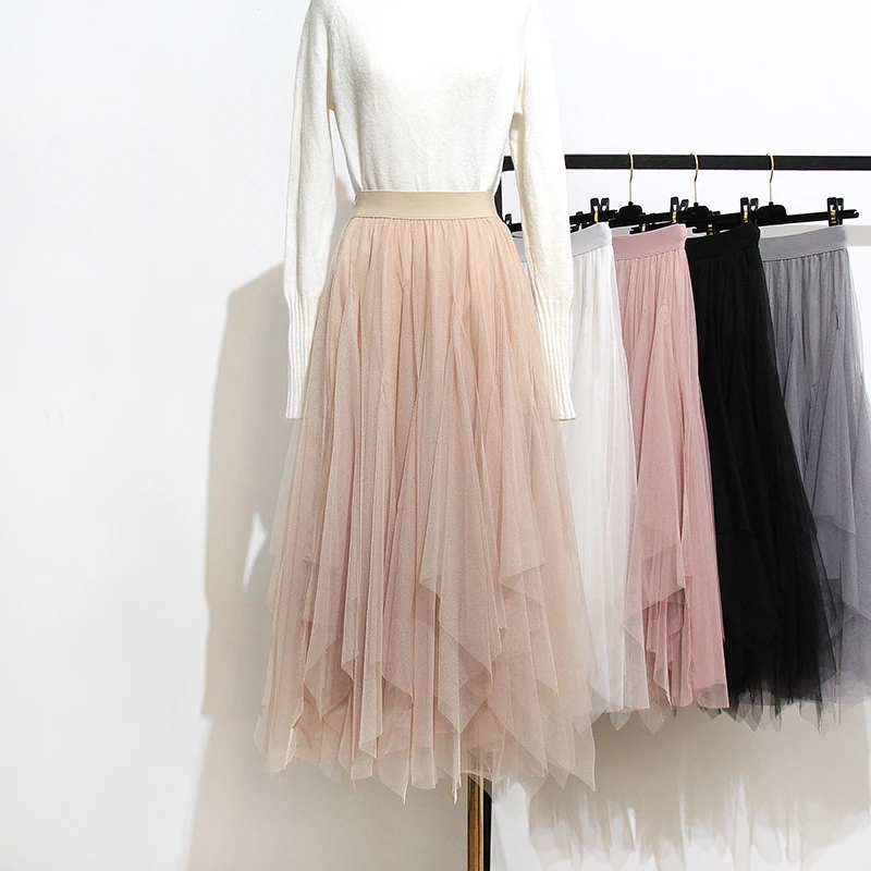 Gauze Mesh Skirts Women Elastic High Waist Ruffles Asymmetrical Long Skirts Saias Female Tutu Skirt Party faldas saia jupe
Gauze Mesh Skirts Women Elastic High Waist Ruffles Asymmetrical Long Skirts Saias Female Tutu Skirt Party faldas saia jupe