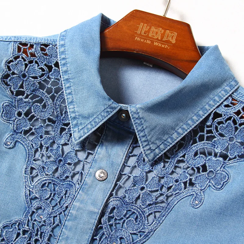 Women's fashion summer new lace shirt plus size women's denim shirt women's short-sleeved thin blouse NW18B2620
Women's fashion summer new lace shirt plus size women's denim shirt women's short-sleeved thin blouse NW18B2620