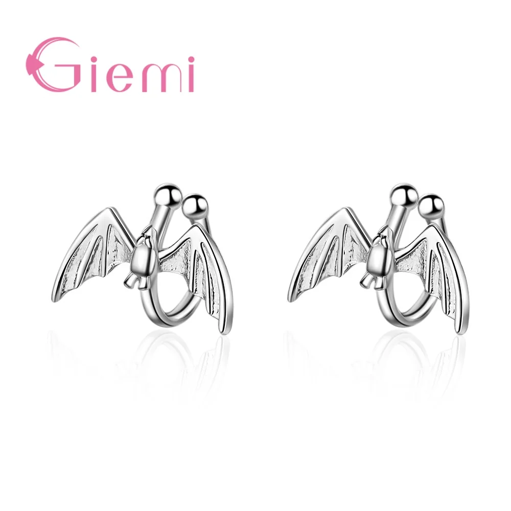 

New Statement Lovely Animal Bat Women Ear Clips Jewelry 925 Sterling Silver Stud Earrings Wings Design Korean Style Jewelry Gift