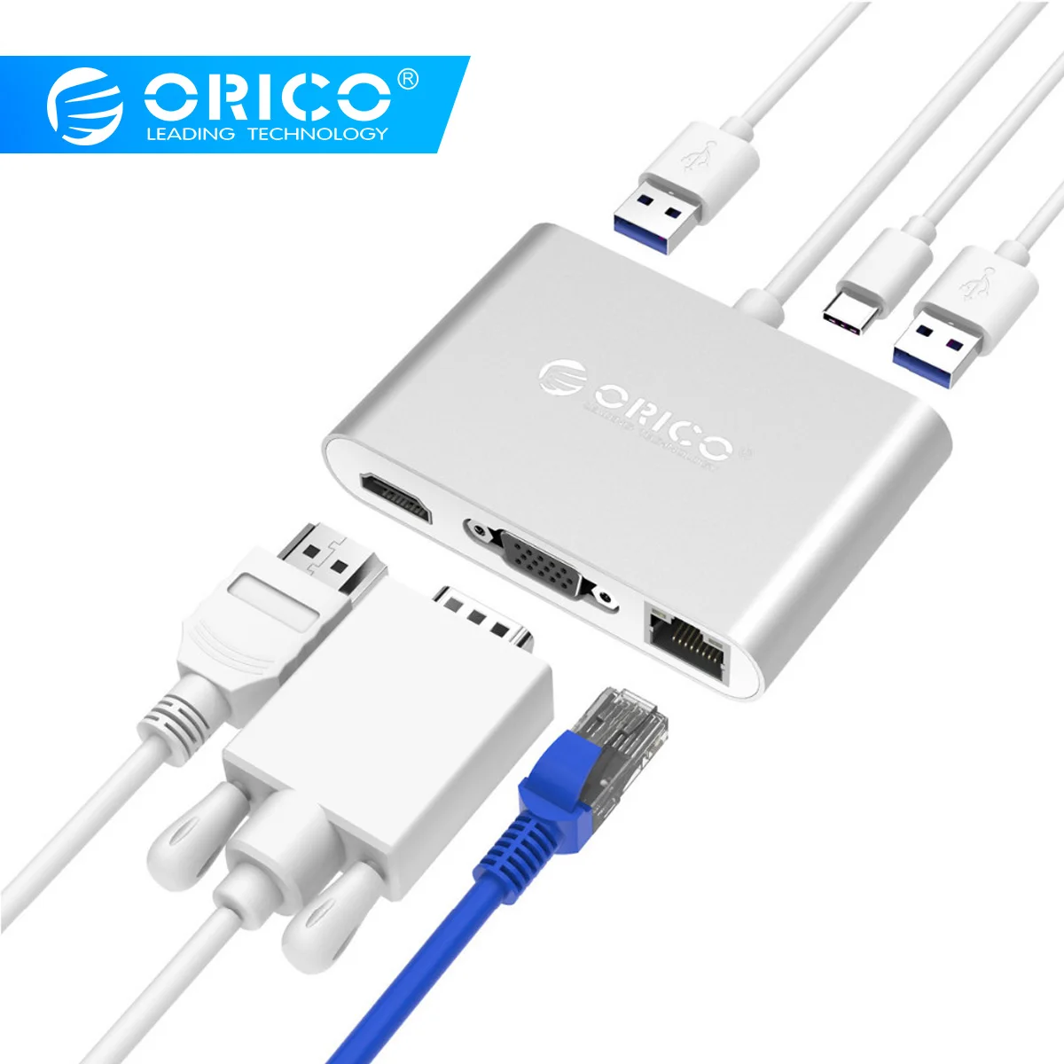 Фото ORICO USB3.1 type C концентратор разветвитель для HDMI RJ45 VGA USB3.0 A адаптер док станция