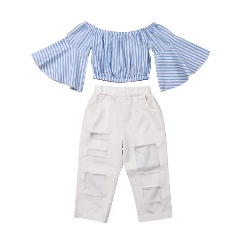 Toddler Baby Girls Clothes Set Summer Kids Striped Outfit Off Shoulder Flared Sleeve Top+Hole Pants 2pcs Children Clothing Set
Toddler Baby Girls Clothes Set Summer Kids Striped Outfit Off Shoulder Flared Sleeve Top+Hole Pants 2pcs Children Clothing Set