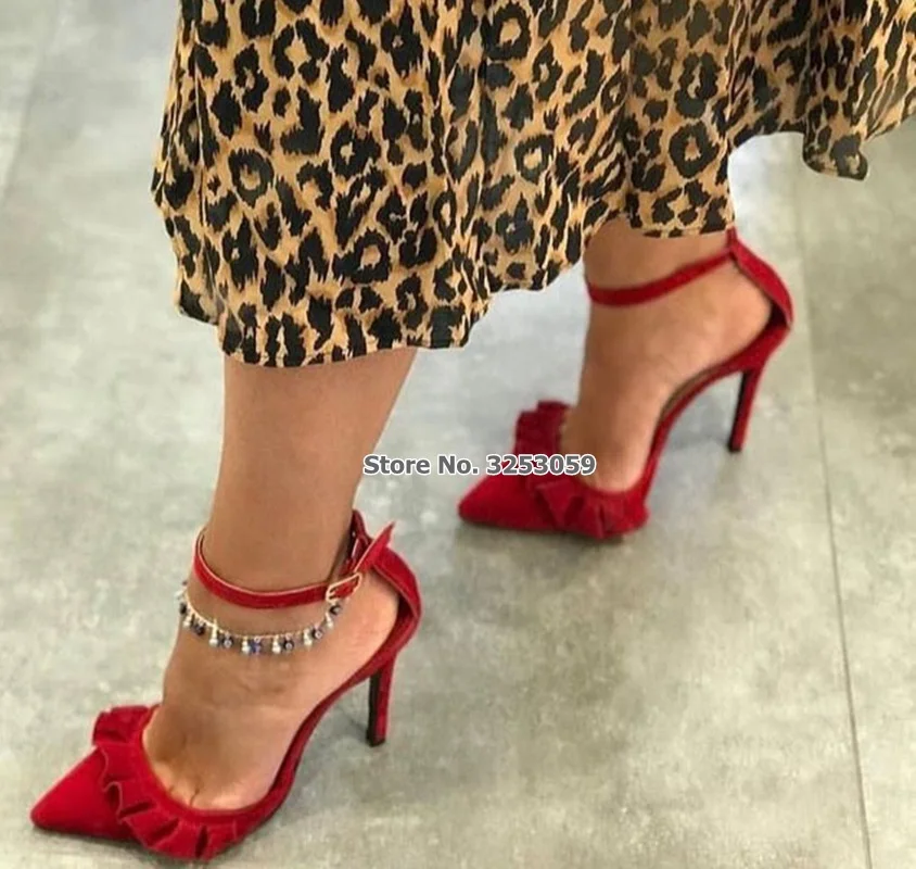 ALMUDENA Red Black Suede Ruffle Pointed Toe Pumps Women Exquisite Falbala Dress Shoes Buackle Strap Wedding Heels Flounce Shoes
ALMUDENA Red Black Suede Ruffle Pointed Toe Pumps Women Exquisite Falbala Dress Shoes Buackle Strap Wedding Heels Flounce Shoes