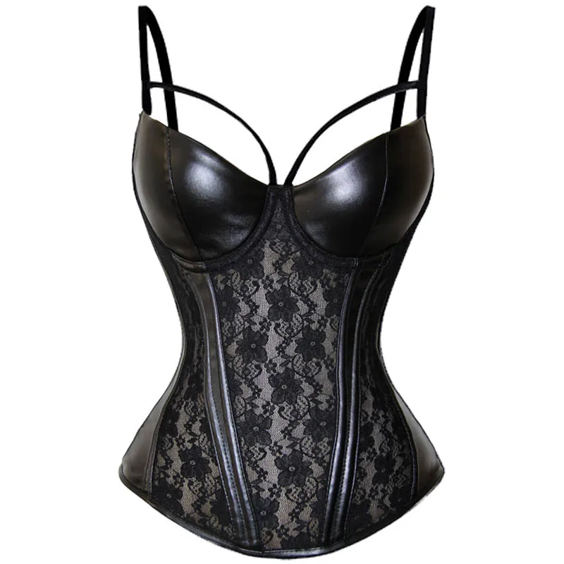 Gothic Womens Sheer Lace Vinyl Leather Overbust Corset Bustier Plus Size Black Spaghetti Strap Slim Waist Cincher Bodyshaper 3XL
Gothic Womens Sheer Lace Vinyl Leather Overbust Corset Bustier Plus Size Black Spaghetti Strap Slim Waist Cincher Bodyshaper 3XL