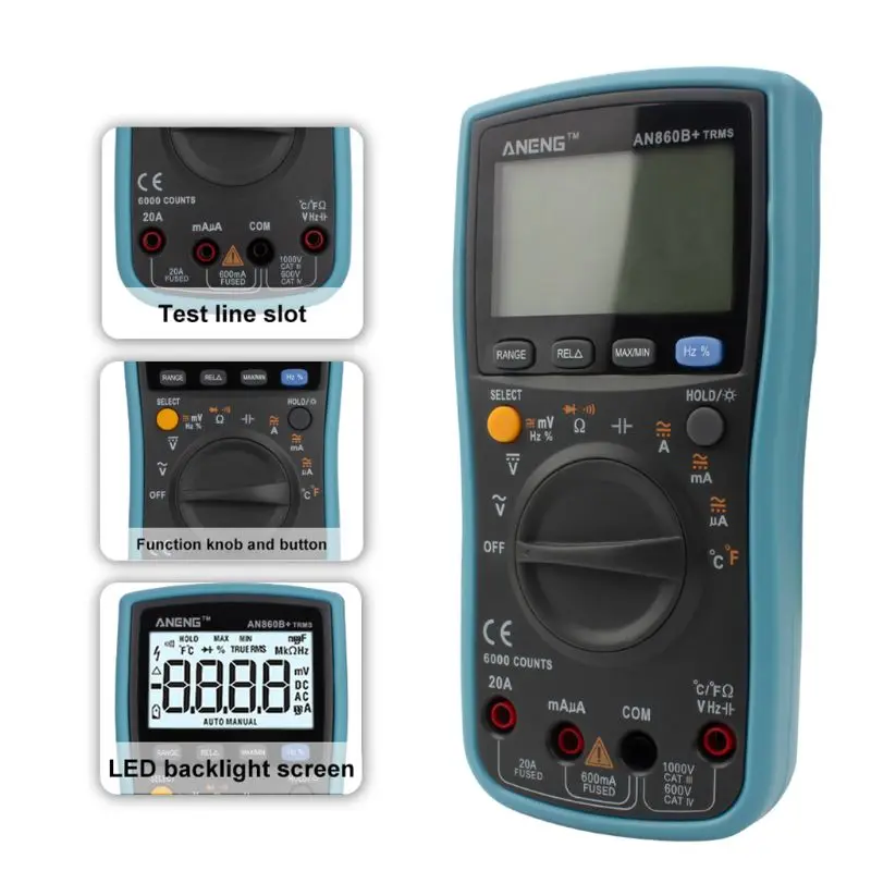 AN860B+ LCD 6000 Counts Digital Multimeter Backlight AC/DC Current Voltage Resistance Frequency Temperature Tester
AN860B+ LCD 6000 Counts Digital Multimeter Backlight AC/DC Current Voltage Resistance Frequency Temperature Tester