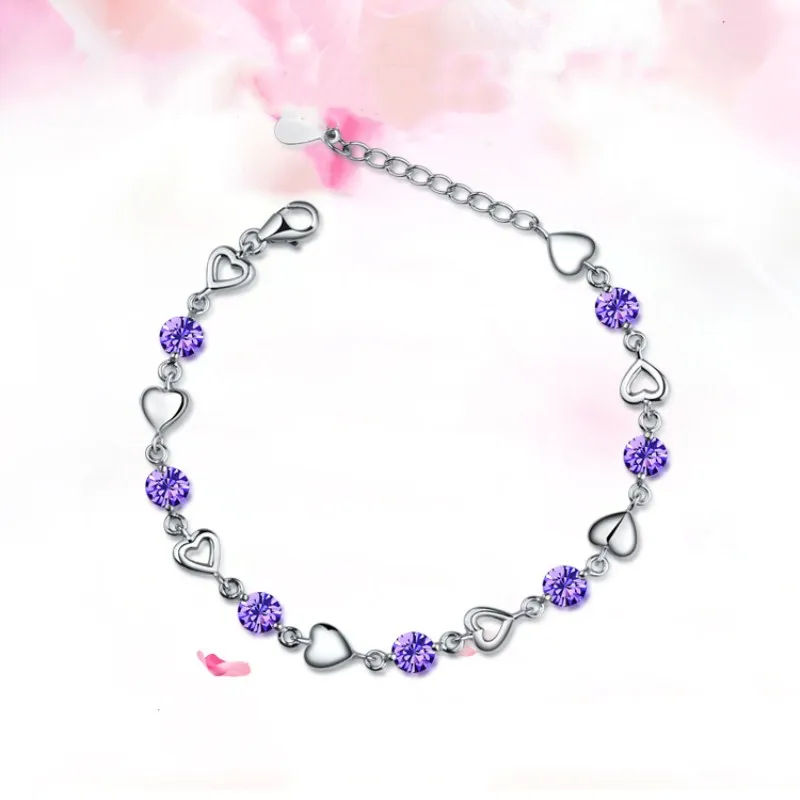100% Серебро 925 новая мода фиолетовый сердце Браслеты для Для женщин цепи &