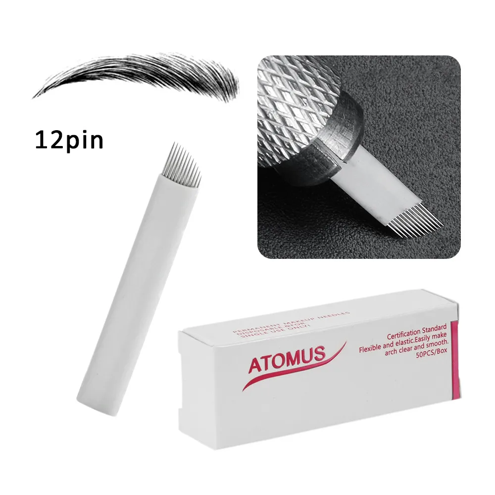 

50pcs 12 Pin Blade Agulha Microblading Tattoo Needles Permanent Make Up Manual Eyebrow Tattoos Curved Blades Needle White Flexi