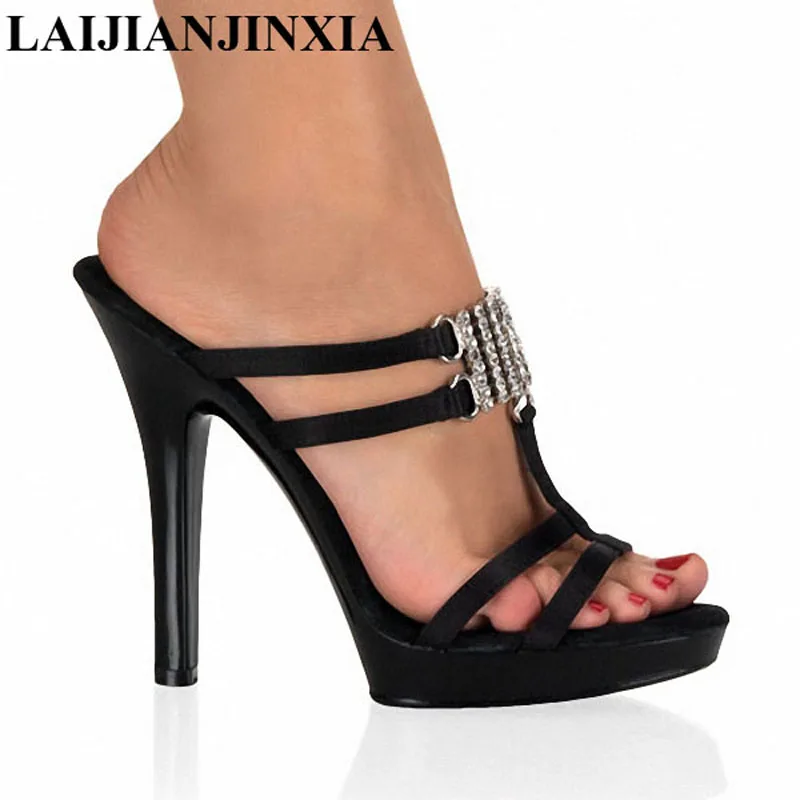 

LAIJIANJINXIA 2018 NEW 13CM High Heels Slippers Plump Crystal Sexy Special Stripper Shoes Platform Women's Shoes Slides N-019