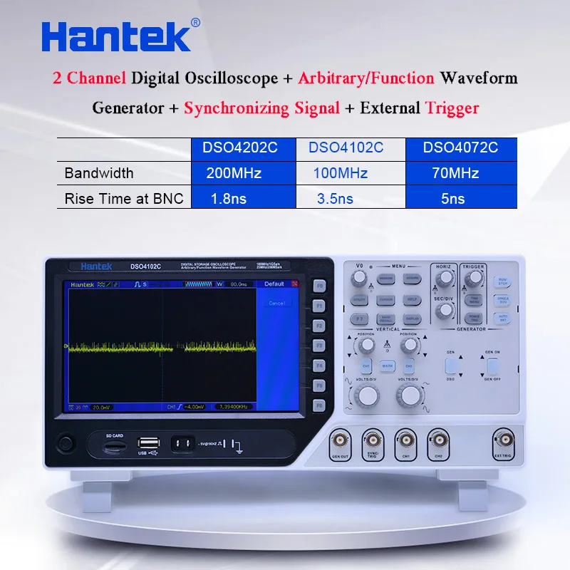 

Hantek DSO4202C Digital Storage Oscilloscope 2 Channel 200MHz,1 Channel Arbitrary/Function Waveform Generator 1GS/s 7'' Tft Lcd