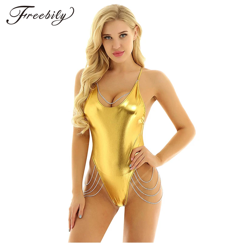 Women Shiny Metallic Bodysuits Spaghetti Straps Backless Jumpsuit Romper with Metal Chain Sexy Pole Dancing Leotards Clubwear
Women Shiny Metallic Bodysuits Spaghetti Straps Backless Jumpsuit Romper with Metal Chain Sexy Pole Dancing Leotards Clubwear