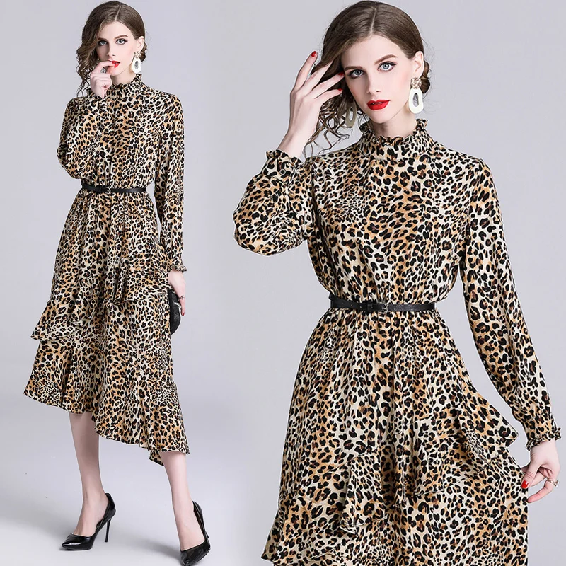 New 2019 Women Spring Leopard Printed Dress Ruffles Asymmetrical Long Sleeve Stand Collar Chiffon Dress Elegant Party Club Dress
New 2019 Women Spring Leopard Printed Dress Ruffles Asymmetrical Long Sleeve Stand Collar Chiffon Dress Elegant Party Club Dress