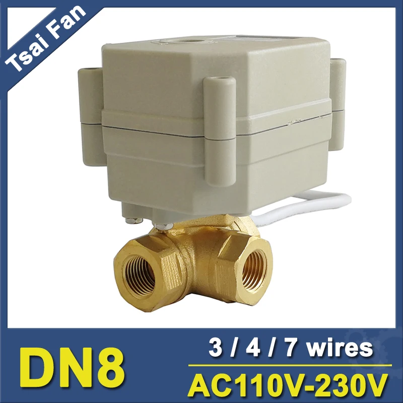 

TF8-BH3-C AC110V-230V 3/4/7 Wires Horizontal 3 Way T/L Type Brass 1/4'' (DN8) Water Electric Ball Valve For Water Control
