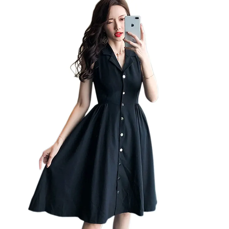 Korean Elegant Sleeveless Single-breasted Ladies Dress Summer 2019 Black V-neck Collared A-Line Slim Fit Midi Dress
Korean Elegant Sleeveless Single-breasted Ladies Dress Summer 2019 Black V-neck Collared A-Line Slim Fit Midi Dress