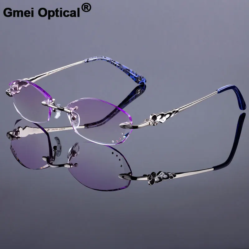 

Titanium Alloy Glasses Rimless Frame Original Brand Women Frames Diamond Trimming Cut Rimless Glasses With Gradient Tint Lenses