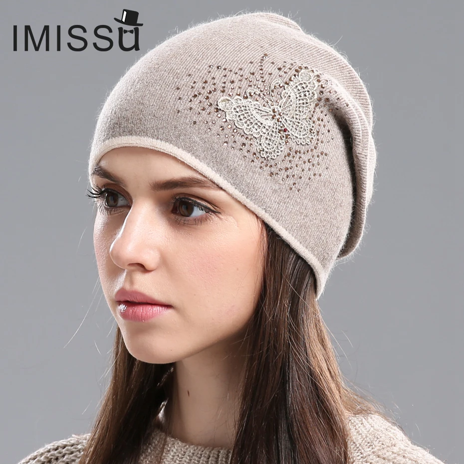 

IMISSU Women's Winter Hats Knitted Real Wool Skullies Casual Cap Beanie with Butterfly Pattern Solid Gorros Bonnet Femme