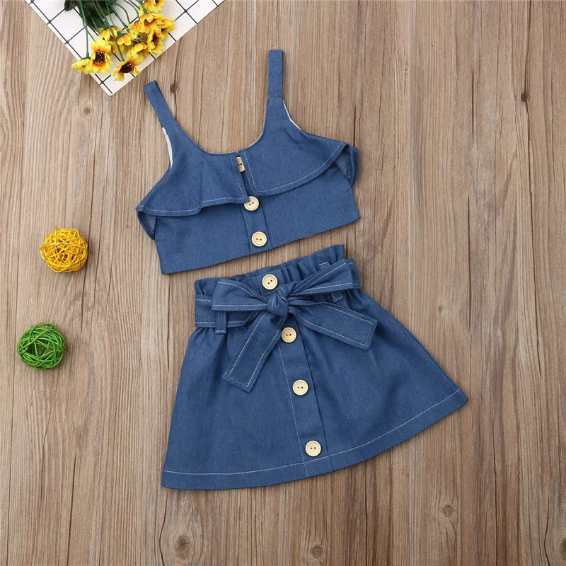 Denim Blue Girls Clothes Set 2019 Summer Toddler Kid Girl Sleeveless Sling Strap Tops Shorts/Skirt Outfits Kids Princess Clothes
Denim Blue Girls Clothes Set 2019 Summer Toddler Kid Girl Sleeveless Sling Strap Tops Shorts/Skirt Outfits Kids Princess Clothes