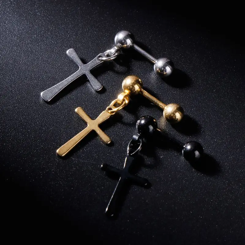 1pc Punk Earrings Cross Pendant Barbell Charms Dangle Women Men Male Jewelry Ear Stud Gifts Anti Allergy Titanium Steel Personal | Украшения