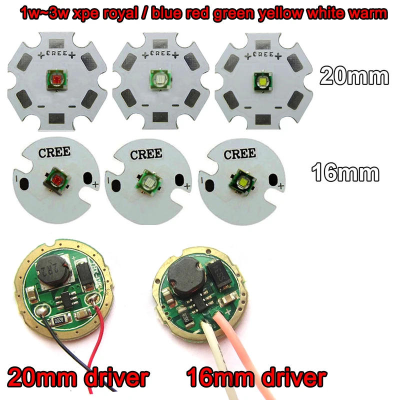 

1pcs Cree XPE XP-E 3W Red Green Blue Yellow Cool / Warm White LED With 20mm / 16mm base + 3V 3W 5W LED Driver