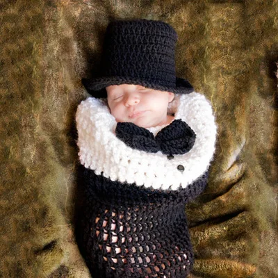 1 компл./лот мода новорожденный господа вязания крючком руки спальный мешок шляпа