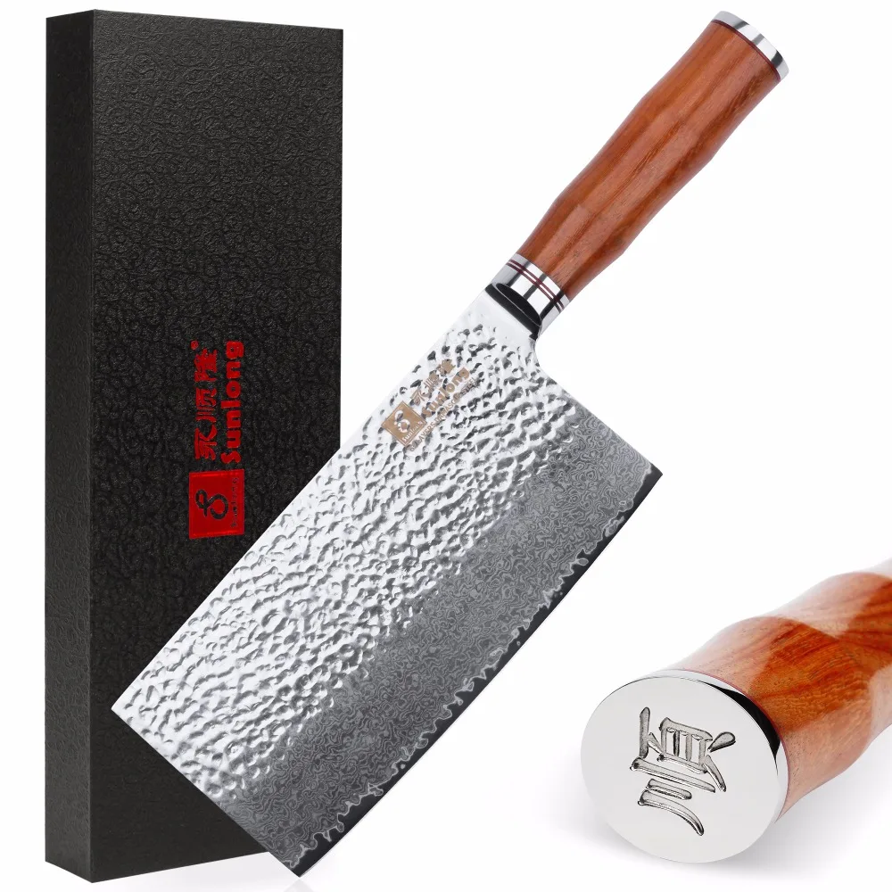 Sunlong Meat Cleavers 7 inch Damascus Vegetable Cleaver Japanese VG10 Hammered Damascus Steel Rose Wooden Handle
Sunlong Meat Cleavers 7 inch Damascus Vegetable Cleaver Japanese VG10 Hammered Damascus Steel Rose Wooden Handle