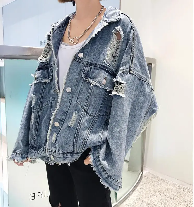 Spring and Autumn Korean bf wind hole denim jacket female loose