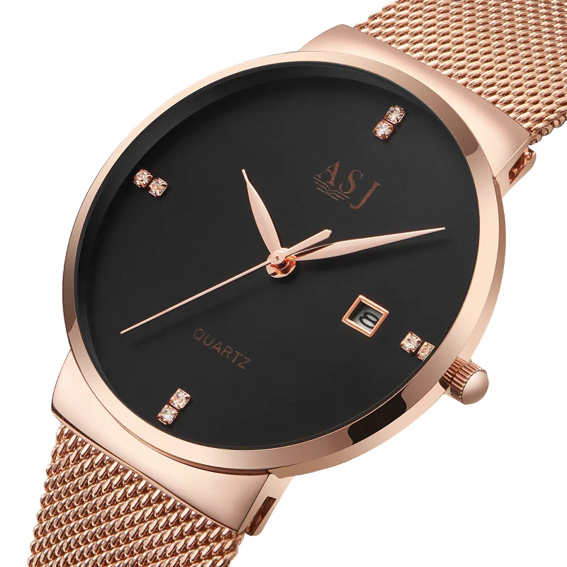 

2019 ASJ Men's Watches Luxury Brand Rose Gold Business Watch Quartz Wristwatch Waterproof Steel Milanese Strap Calendar Clock