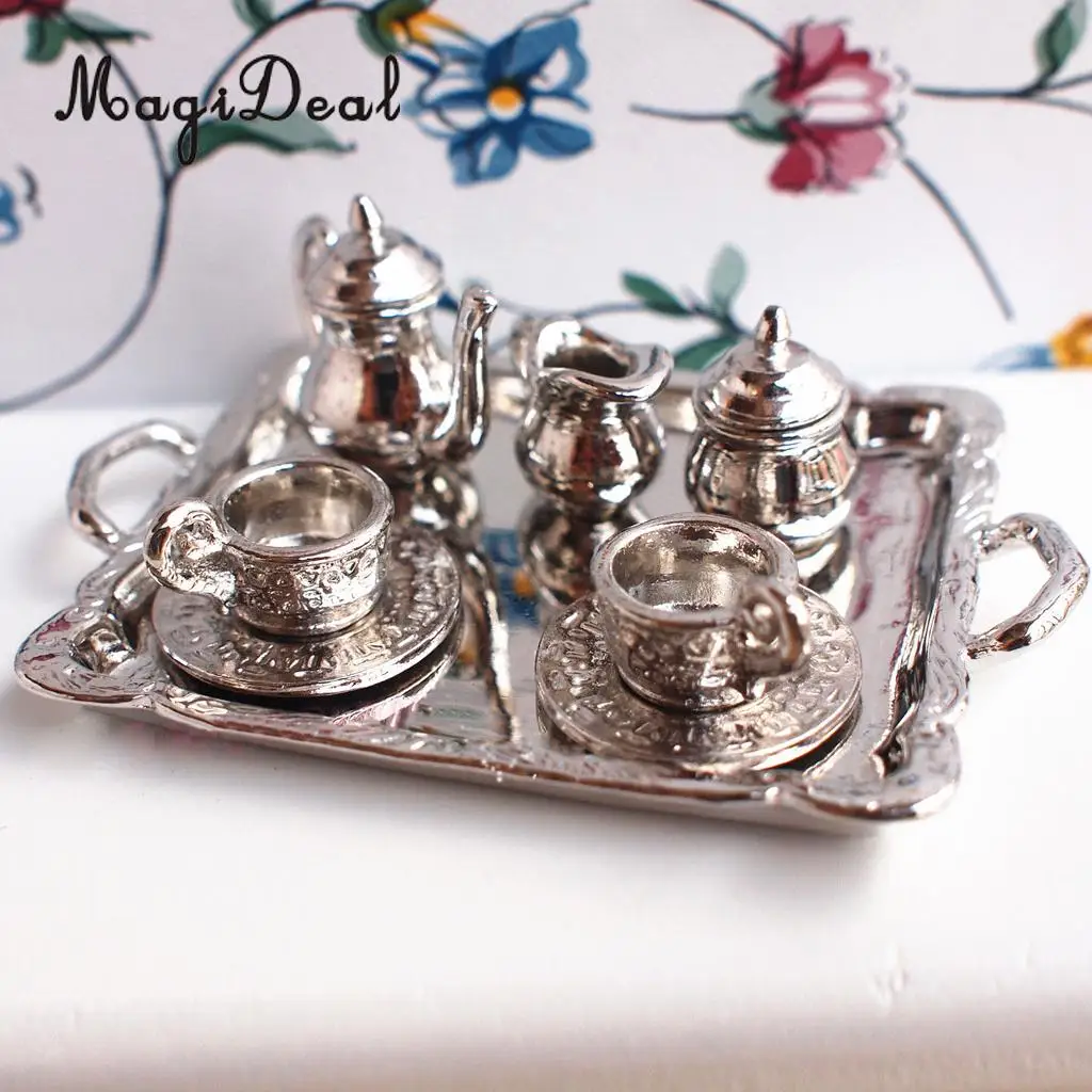 

10 Pieces Silver MIni Tea Lid Pot Cups Tray Set for 1:12 Scale Dollhouse Restaureant MIniature Furniture Decor Life Scene