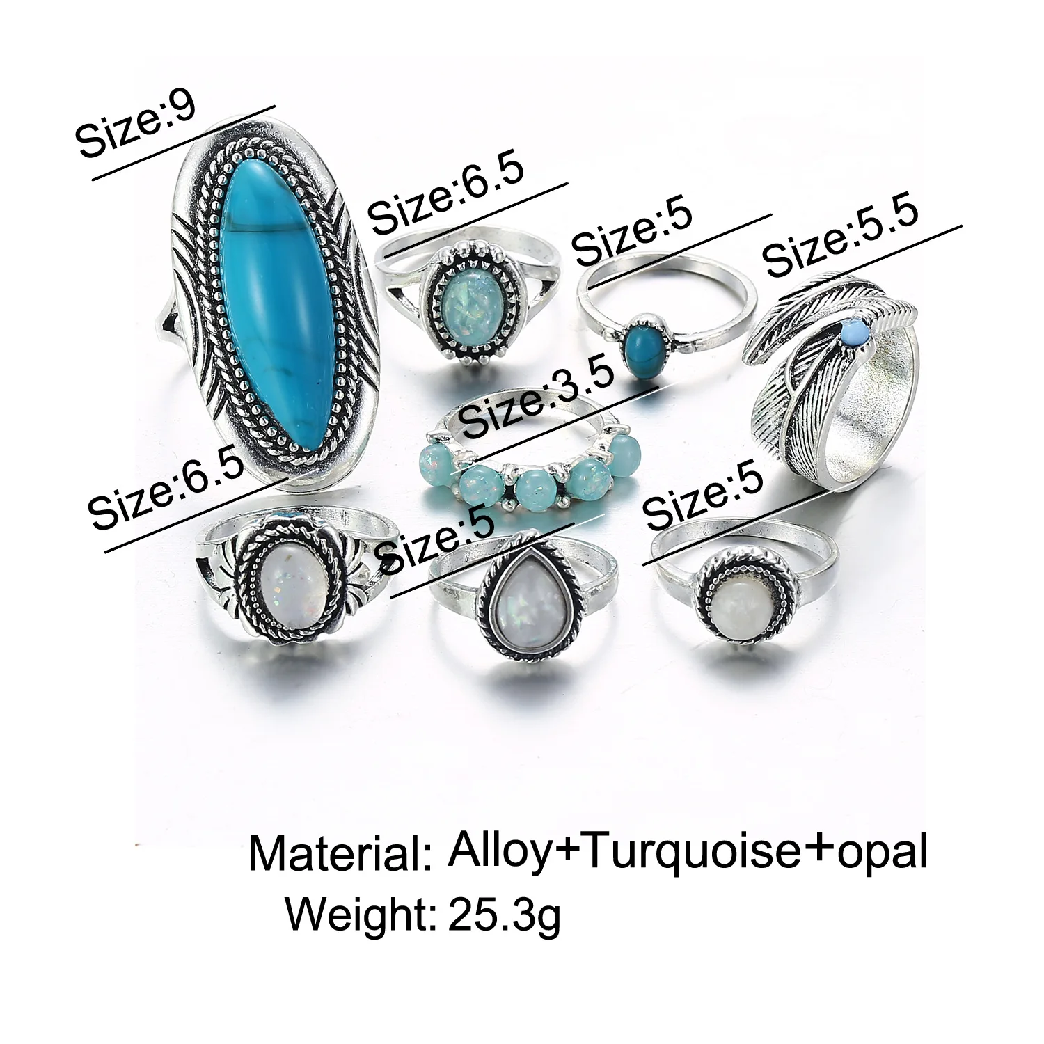 8 pcs/set Fashion Bohemia Opal Geometric Rings Sets Women Antique Silver color Turquoises Knuckle Ring Femme Jewelry Accessories 
8 pcs/set Fashion Bohemia Opal Geometric Rings Sets Women Antique Silver color Turquoises Knuckle Ring Femme Jewelry Accessories