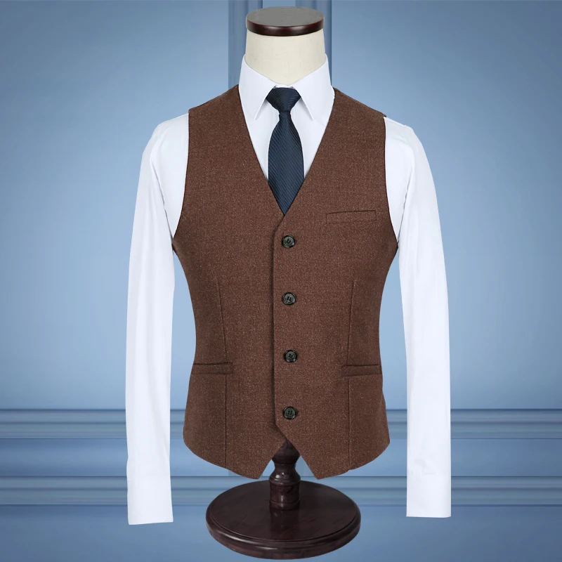 (Пиджак + брюки жилет) одноцветное Цвет коричневый Slim Fit платье мужчина Бизнес
