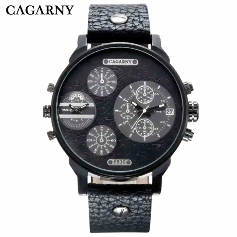 

CAGARNY top Brand Men Leather strap Watches Military Quartz Sports Casual Date Clock Multiple time zones Watch Relogio Masculino