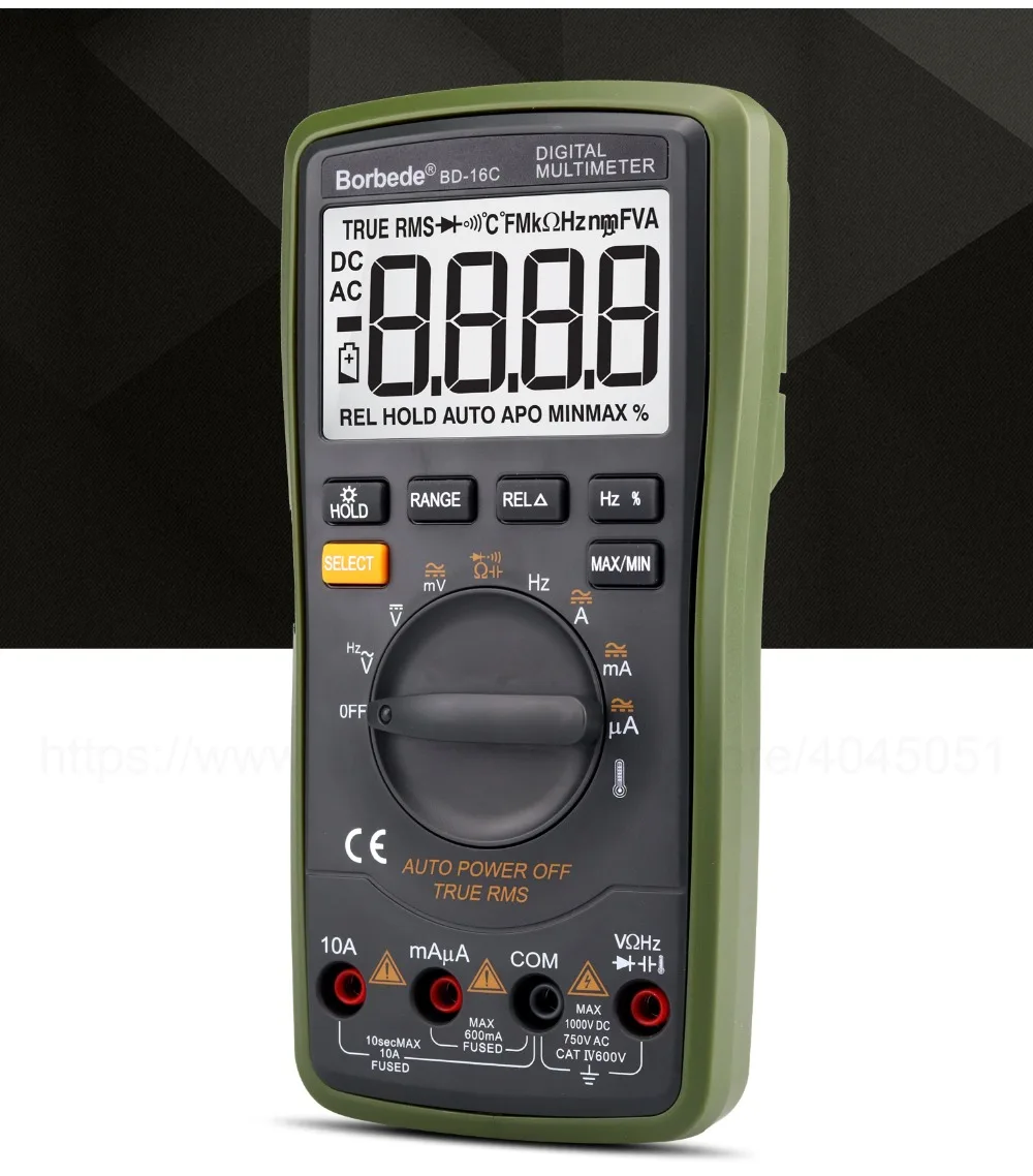 Borbede BD-16C Digital Multimeter 6000 Counts Auto Range DC AC Resistance Capacitance Temperature True RMS Diode Tester
Borbede BD-16C Digital Multimeter 6000 Counts Auto Range DC AC Resistance Capacitance Temperature True RMS Diode Tester