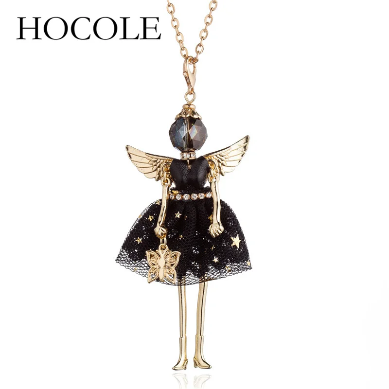 HOCOLE New 2018 women doll long necklace angel wings pendant handmade girl Lovely maxi necklaces & pendants hot fashion jewelry |