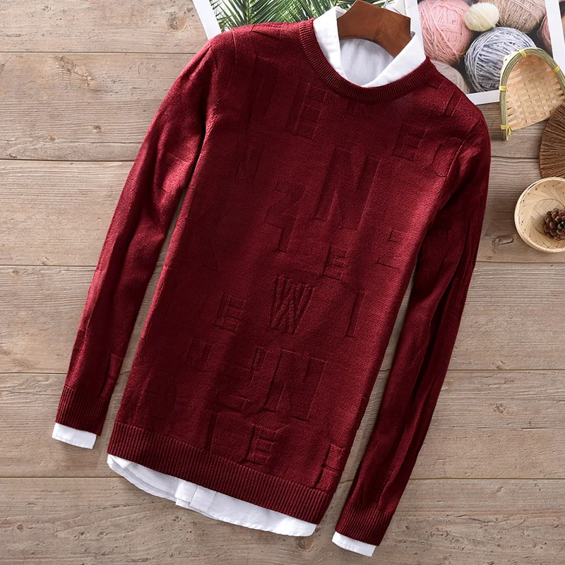 

Autumn and winter new men's wool sweater round neck jacquard trend wine red sweaters men slim fashion tops maglione trui