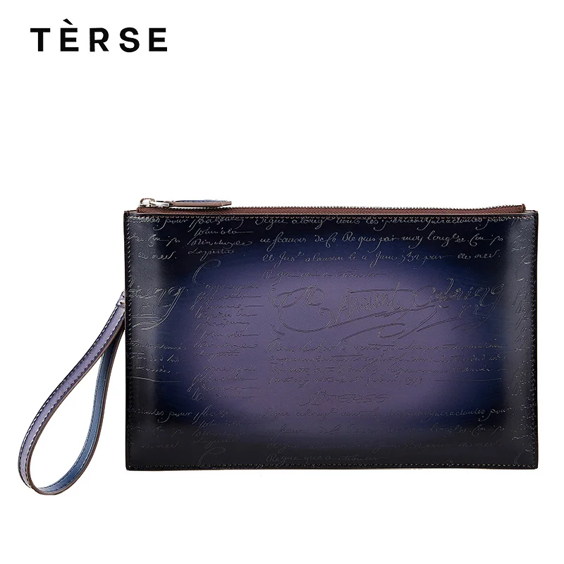

TERSE 2018 NEW Handbag Genuine Leather Day Clutches With Engraving Fashion Men`s Bag 4 Colors Zipper Clutches Custom Logo 9613-1