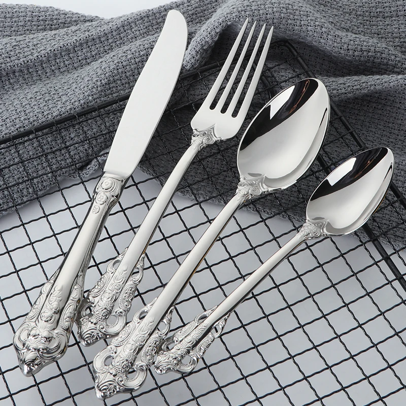 24PCS Luxury Silver Cutlery Set 18/10 Stainless Steel European Classic Style Silverware Dinner Fork Knife Dinner Set Tableware
24PCS Luxury Silver Cutlery Set 18/10 Stainless Steel European Classic Style Silverware Dinner Fork Knife Dinner Set Tableware