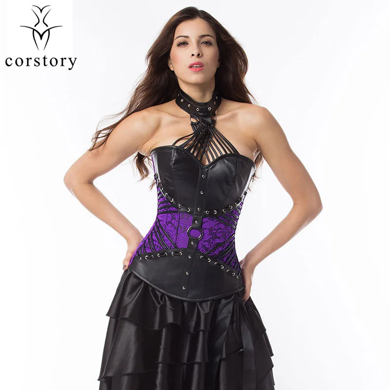Steampunk Purple Brocade & Black Leather Corset Tops Gothic Clothes Sexy Halter Steel Boned Bustier Plus Size Burlesque Overbust
Steampunk Purple Brocade & Black Leather Corset Tops Gothic Clothes Sexy Halter Steel Boned Bustier Plus Size Burlesque Overbust